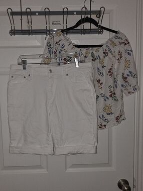 DKNY White Denim Bermuda Shorts And Honey Floral Smocked Top